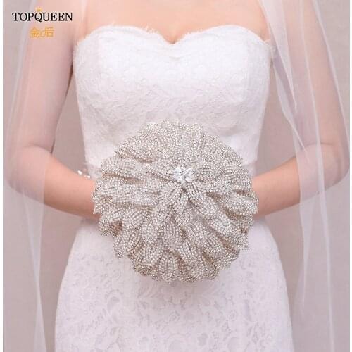 TOPQUEEN HF01-S 100% Handmade Bridal Bouquet Diamond Crystal Alloy Simulation Flowers Wedding Gift Marriage Accessories Bling