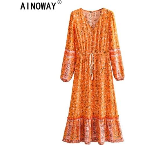 Vintage chic women orange floral print elestic waist beach Bohemian Maxi dress Ladies rayon cotton ethnic Boho dress vestidos