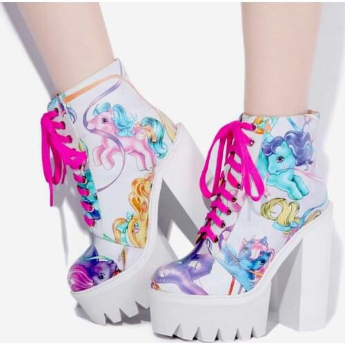 Women Cow Hide Printing Leather Boots High Platform Super Chunky Heel Lace Up Ankle Boots Woman High Heel Multi Lace up Boots