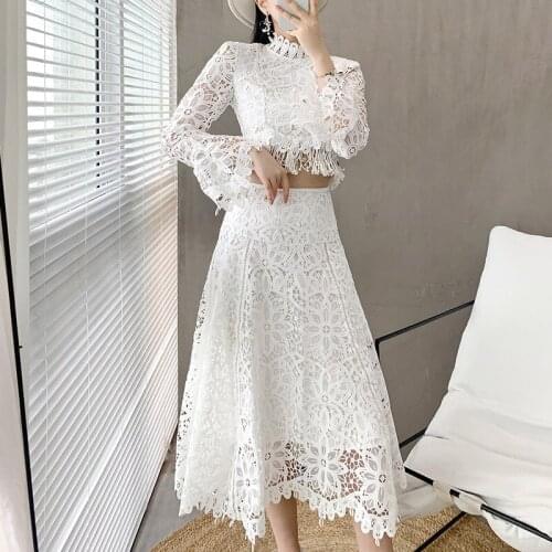 Spring Fashion Lace Hollow Out Women Dress White Color Clothing Set 2 Pcs Full Sleeves Elegant Good Quality Tassel Long Dresses