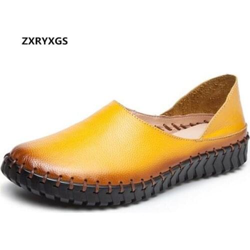 ZXRYXGS Hand-stitched Solid Color Women Flat Shoes Causal Shoes Soft Top Cowhide Women Leather Shoes Lazy Flats Large Size 43