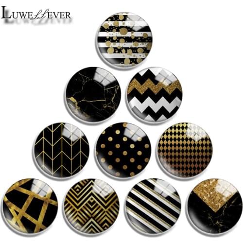 12mm 16mm 20mm 25mm 30mm 40mm 721 Black Gold Geometry Mix Round Glass Cabochon Jewelry Finding 18mm Snap Button Charm Bracelet