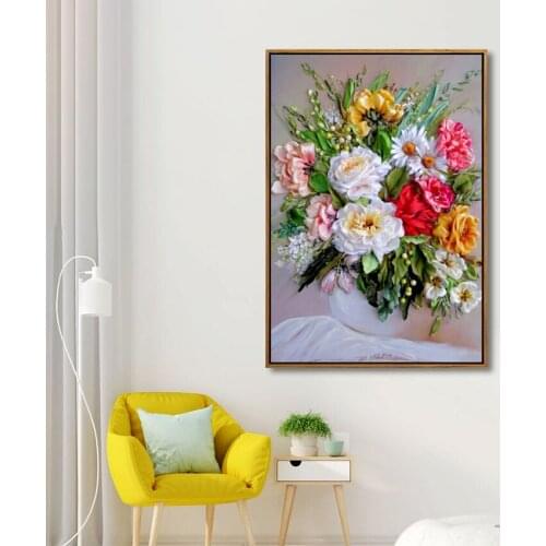 Bouquet In Vase Drawing Flowers Retro Poster Canvas Painting Print Wall Art Pictures Bedroom Living Room Porch Home Decor