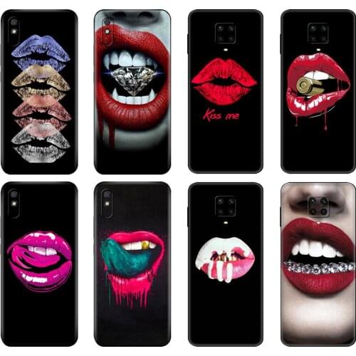 Black tpu Case For Xiaomi Redmi 7A 8 8A 9 9A 9C Case Redmi Note 8T Pro Note9 9S 9Pro Case Sexy vampire red lips Funny Halloween