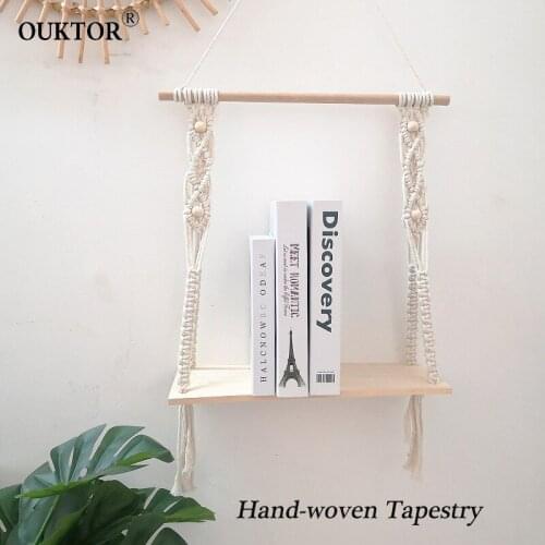 Hand-Woven Macrame Wooden Shelves Tapestries Rack Wall Hanging Rope Plantpot Book Shelves Ornament For Bohemian Home Decor Shelf