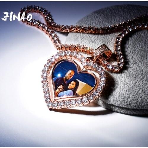 JINAO New Heart Shaped Custom Photo Spin Double Sided Medallion Pendant Necklace With 4mm Tennis Chain Zircon Hip Hop Jewelry