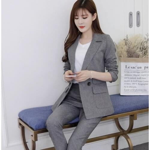 2018 Two Pieces OL Set Notched One Button Jacket and Long Pant Suits Women Business Jackets and Blazers Casual Outfits feminino