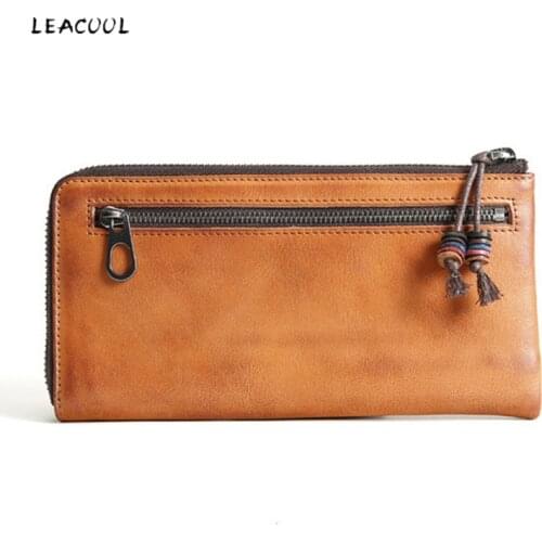 LEACOOL Genuine Leather Soft Long Zipper Wallet Men Women Cowhide Coin Purse Money Pocket Pochette Clutch Bag Card Holder