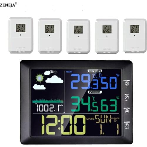 Weather Station with 5 Sensors Outdoor Intdoor Hygrometer Digital Thermometer mmHg Barometer Digital Alarm LCD Clock Forecast