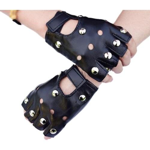 Men Unisex Artificial Leather Half-Finger Gloves Theatrical Punk Hip-Hop Driving Motorcycle Performance Party Fingerless Mittens