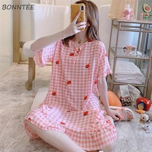 Nightgowns Women Sleepwear Short Sleeve Simple Loose Fashion Leisure Comfortable Soft Printing Kawaii Ruffle Elegant Loungewear