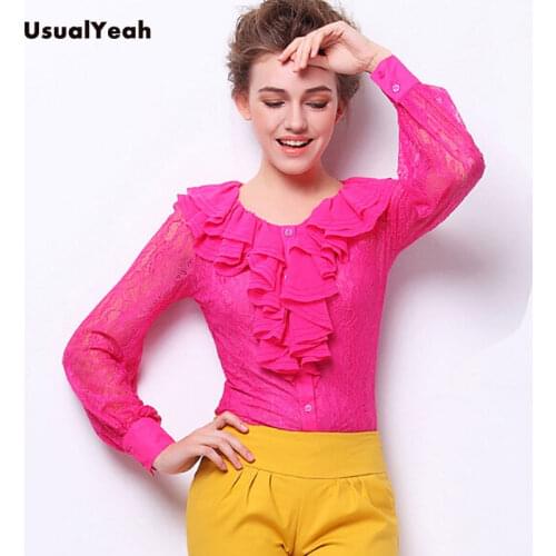 New Elegant Womens Lace Body Shirt Long Sleeve Work Wear Top Ruffled neck Patchwork Blouse with vest 5 Colors M-XXL SY0271