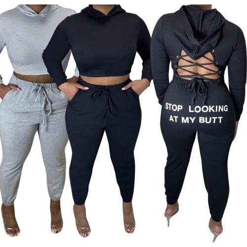 2021 New Fashion Women Two Piece Pants Set Bandage Hoodies Sportswear Jogging Letter Print Suits Clothing