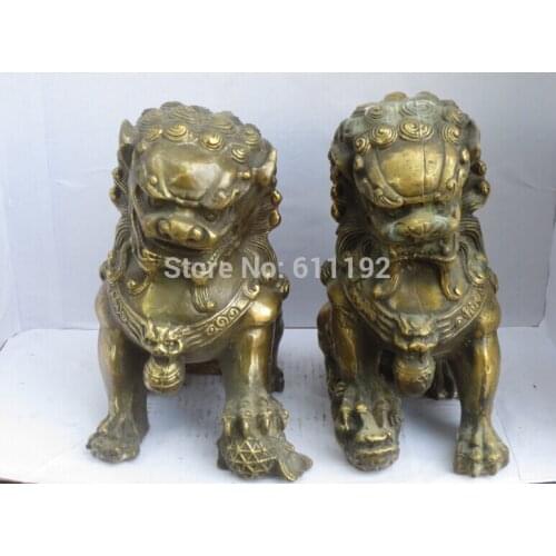 A pair Hand-carved Copper Fu foo dog Lions statue Metal crafts,Home FengShui decoration animal sculpture
