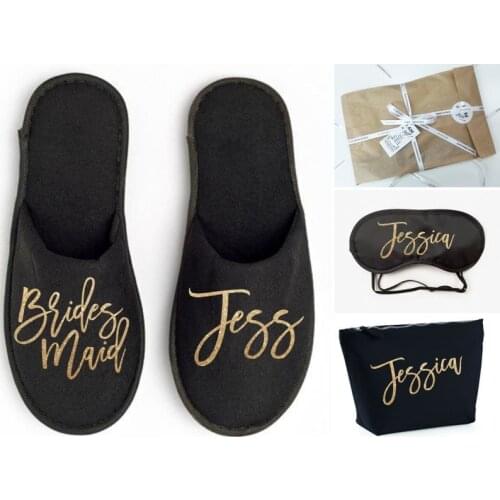Bridesmaid Gift Set: Personalized Makeup Bag, Bridesmaid Slippers, Sleep Mask, Gift Wrapping, FREE US shipping; Will You Be My B