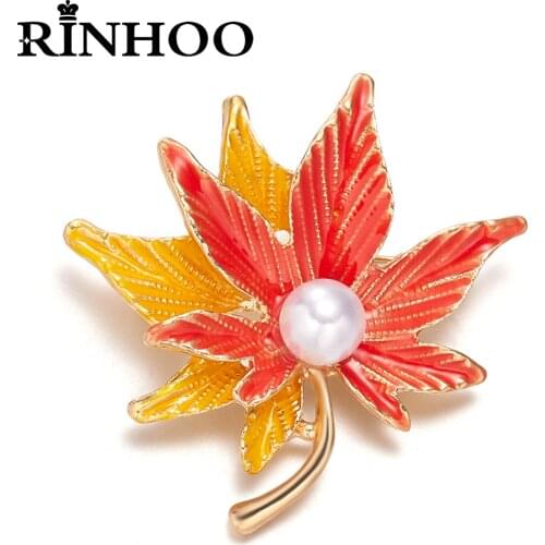 Rinhoo Enamel Pearl Maple Leaf Brooches Women Classic Summer Plants Elegant Wedding Brooch Pin Badge High Quality Jewelry Gift