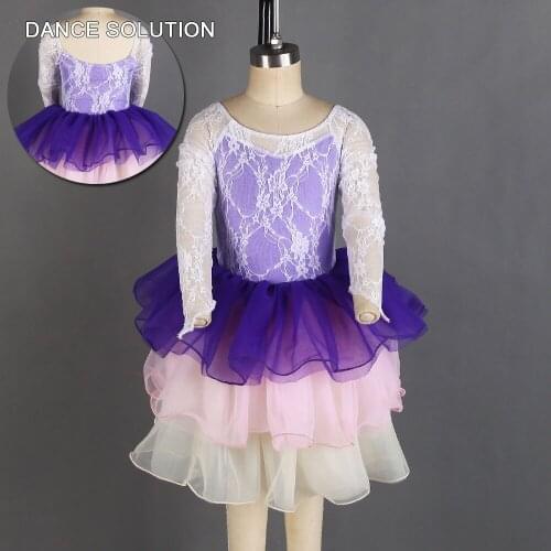Long sleeve lace dress girls ballet tutu 3 tiered romantic tutu skirt dance costume 20052