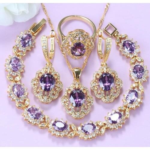 Romantic Women Wedding Accessories Purple Natural Crystal Earring And Ring Jewelry Sets For Women Gold-Colors Jewelry