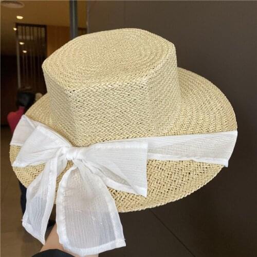 Hexagonal hat top summer ladies big brim retro flat straw hat sun hat beach French straw hat wheat straw fedora sun hat