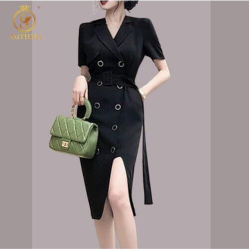 SMTHMA Casual Solid Double Breasted Sexy Split Summer Dress For Women Notched Short Sleeve High Waist Knee-Length Dresses