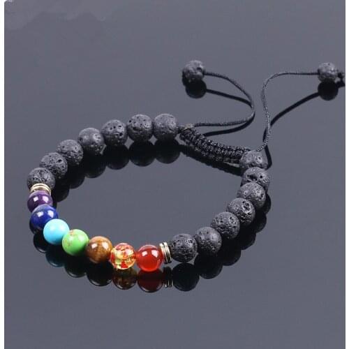 Yingwu 8mm Natural Lava Gem Stone Beads Black String Braided Bracelets for Women Men Meditation Reiki 7 Chakra Energy Jewelry