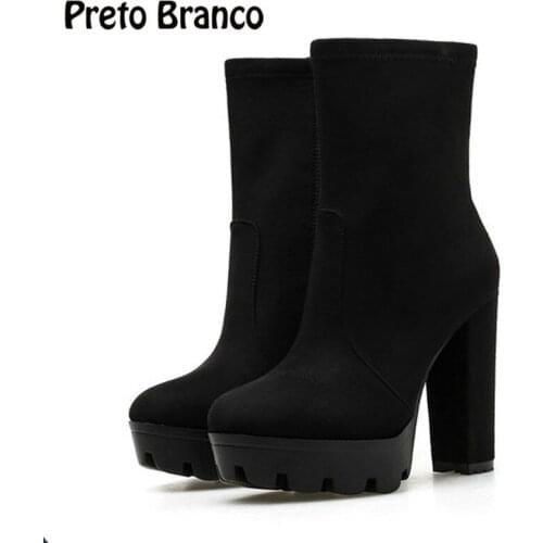 PRETO BRANCO 12.5cm Heels 2020 New Short Boots Ankles Thick-heeled Thick-soled Black High-heeled Short Boots Womens Boots JXQ