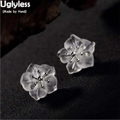 Uglyless Real 925 Sterling Silver Natural Transparent White Crystals Earrings Women Romantic Plum Flower Brincos Fashion Jewelry