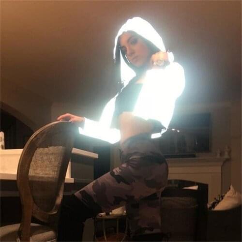Jessie Vinson Reflective Short Jacket Women Hiphop Fluorescent Crop Windbreaker Casual Night Running Zipper Hooded Jacket Coat