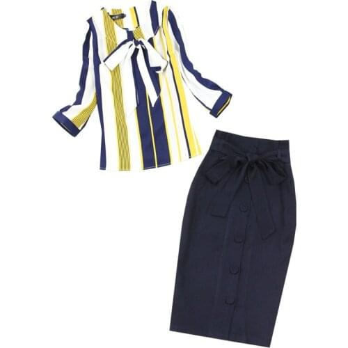 Womens suit summer new style chiffon striped 7-point sleeve shirt + hip pencil pencil blue skirt OL set 2 piece set women