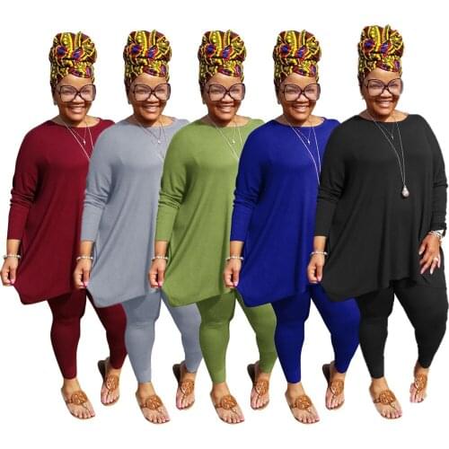 Plus Size Autumn Women Solid Loose Tees Two Piece Sets Casual Ladys High Waist Leggings + O-neck Full Sleeve T-Shirts Outfits