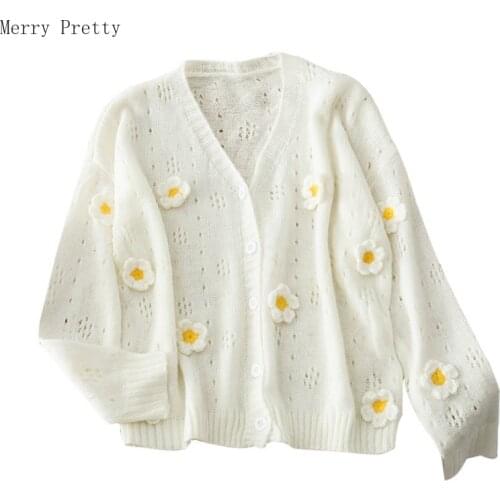 Floral Appliques Hollow Out Knitted Casual Women Cardigan Single Breasted Sweaters 2021 Long Sleeve V-neck Korean Girly Top