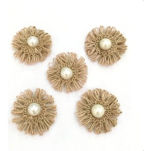 10pcs/lot Natural Jute Burlap Hessian flower with Artificial beads vintage wedding favor rustic wedding DIY party decoration