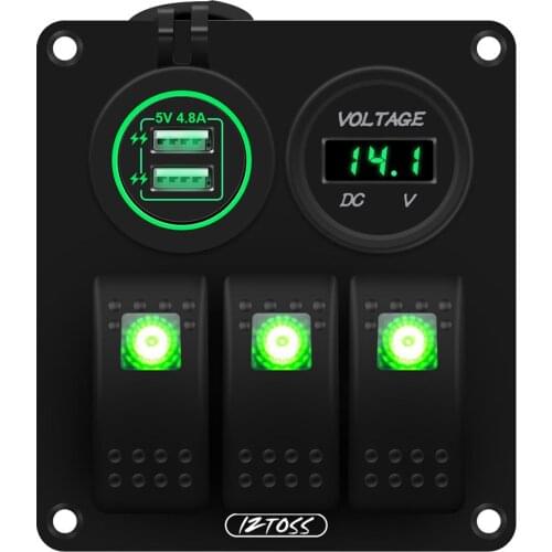 3 Gang Switch Panel with LED Digital Voltmeter USB Charger for RV Car Green
