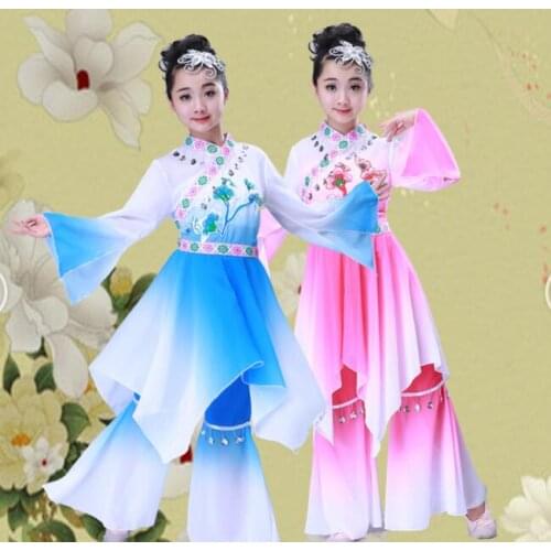 Child Modern Chinese Folk Dance Costume Girls Traditional Yangko Dance Clothing Fan Umbrella Dance Wear for Stage Clothes 89