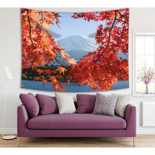 Tapestry Mount Fuji and Lacquer Kawaguchiko in Frame of the Maple Leaves Branches Sunny Autumn Days View Red Green Blue