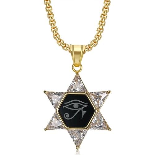 Hip Hop Star of David Pendant Necklace For Men Gold Color Stainless Steel Eye of Horus Necklace Jewish Iced Out Bling Jewelry
