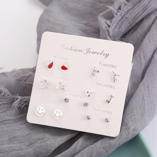 HTZZY 7 Pairs/set Creative Monday To Sunday Stud Earrings for Women 2021 New Fashion Girls Cute Hearts Smiling Flower Earrings