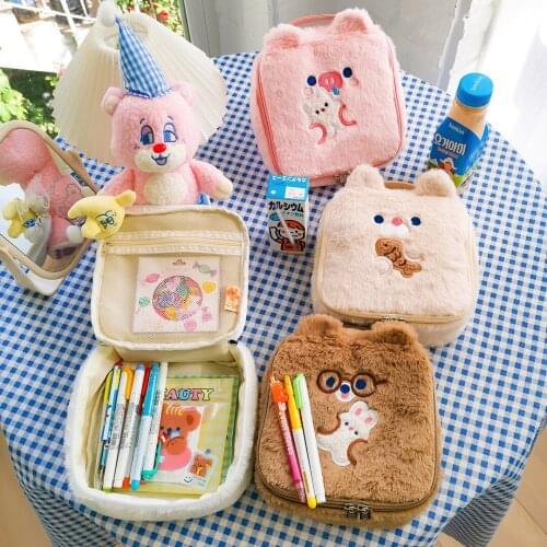 Stationery Storage Bag Cosmetic Bag Large Capacity Cute Cartoon Animal Embroidery Plush Pencil Bag Kawaii Big Makeup Organizer