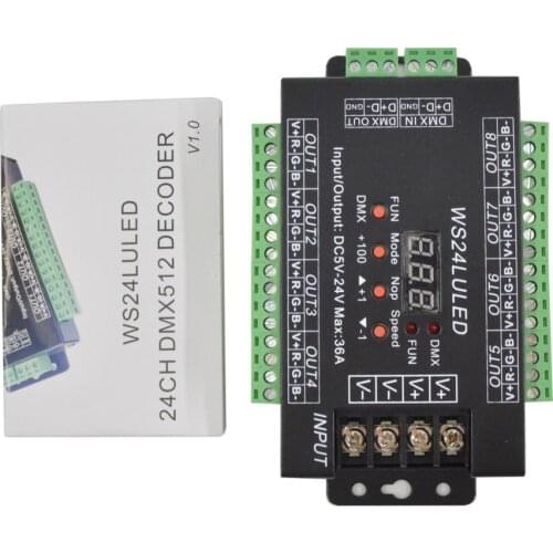 24CH Easy DMX512 RGB Decoder Dimmer Controller WS24LULED DC5-24V 24 Channel 8 Group Each Channel Max 3A