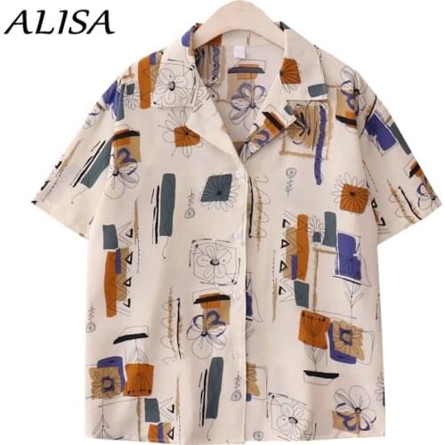 Summer Thin Blouse Korean Women Fun Printing Button Up Casual Streetwear Shirts Woman Chiffon Short Sleeve Tops Mujer