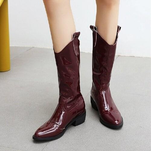 FashionWomen Knee High Boots Patent Leather Pointed Toe Heels Ladies Western boots Size 32-45