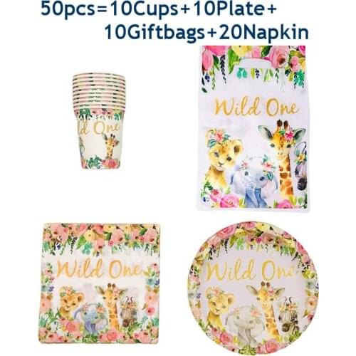 New Birthday Jungle Party Disposable Tableware Set Theme Paper Plate Flags Cup Napkin Girls Pink Wild One Party Decor 50-80pcs