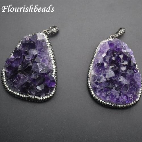 Natural Drusy Amethyst Quartz Freeform Stone Pendant Paved Black Crystal Beads on Side Fit Fashion Necklace Jewelry making