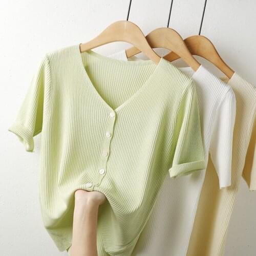 Solid Knitted Women T-Shirts Summer New 2021 V-Neck Short-Sleeved Slim Elegant Office Lady Outwear Tops Tees