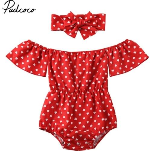 0-2Y Newborn Baby Girls Off Shoulder Jumpsuit Heart Print Bodysuit Headband 2PCS Outfits Clothes