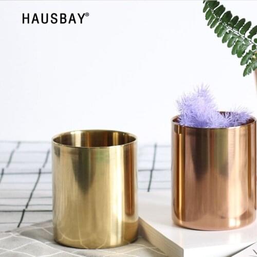 Nordic Style Copper-plated Golden Vase Pen Holder Candle Cup Candle Holder Stainless Steel Vase Decorative Storage Bucket 1645