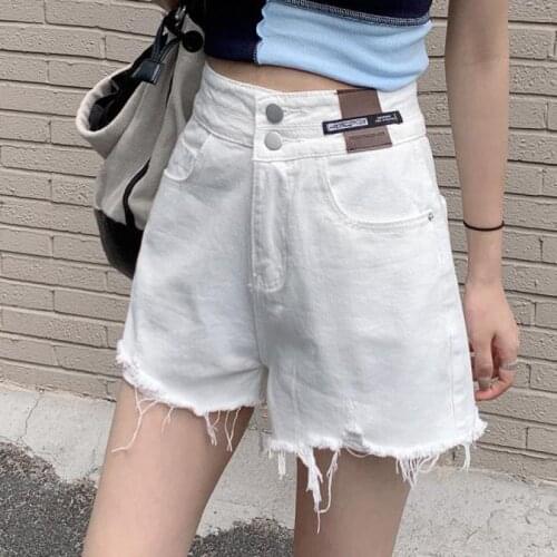 Casual White Denim Shorts Women Summer Korean Style tassels Jeans Shorts White High Waist Shorts Hot Pants 2021
