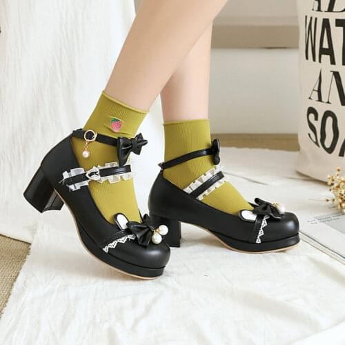 Size 34-48 Kawaii Women Pu Leather Lolita Shoes Bow Women Lace Shoes Collage Student Girls Round Head Cosplay Party JK Uniforms