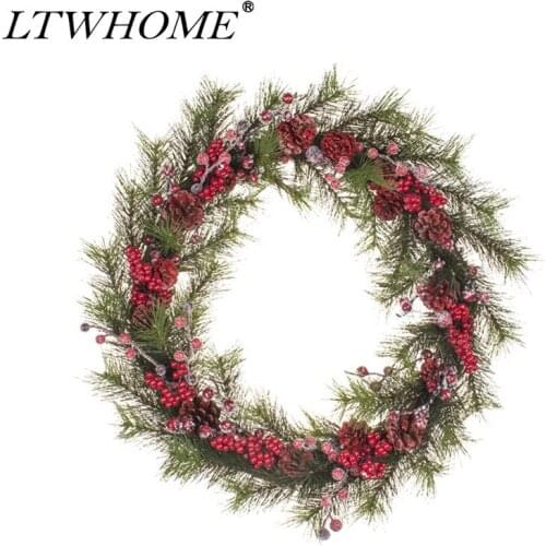 LTWHOME WHCMR 21 Inch Handmade Christmas Wreath with Pine Needles, Red Pine Cones, Berries for Front Door, Wall, Mantelpiece