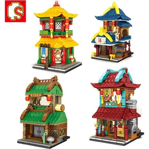 SEMBO City Street View Architecture Series Building Blocks Chinese Tradition Tavern Backsmith Shop Buns Shop DIY Model Toys Gift